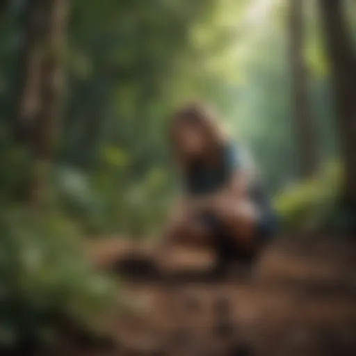 Young girl planting a tree in a lush forest