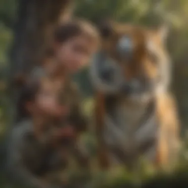 Young Nature Enthusiasts Observing Tigers in Natural Habitat